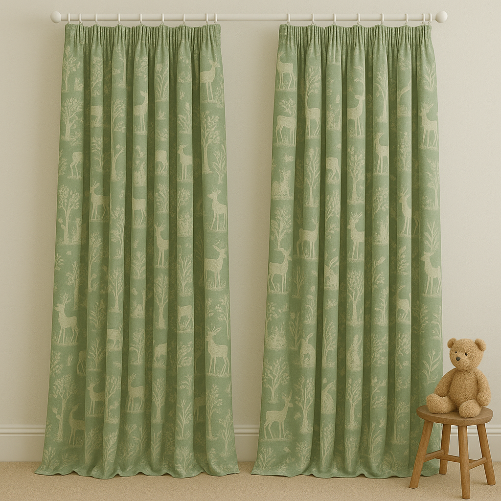 Sage Green Linen Curtains with Animal & Nature Print | Custom Sizes | Blackout & Light Filtering Options | Rod & Track Compatible